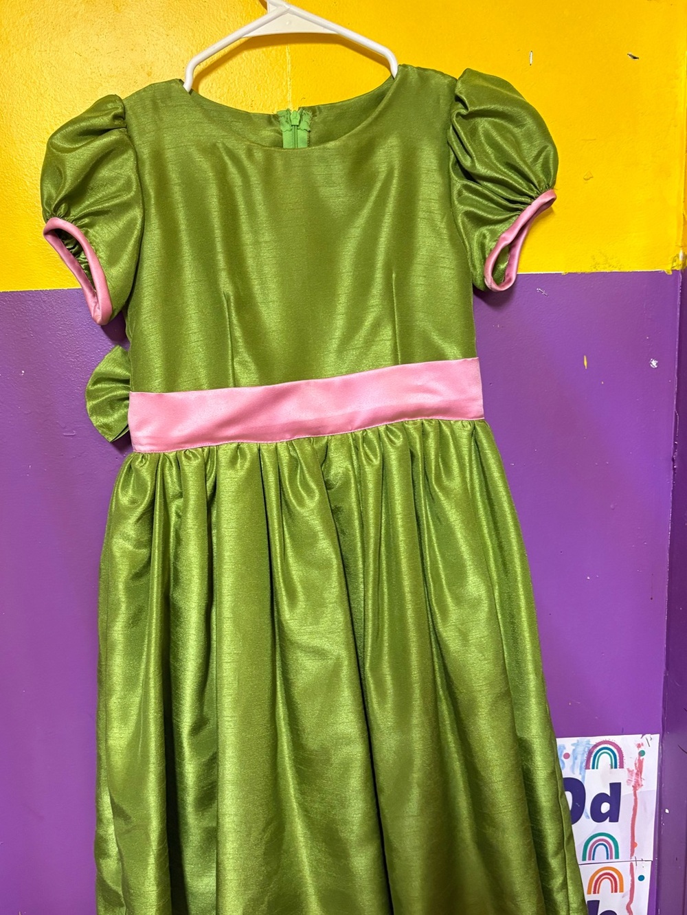 Girls Green and Pink Satin smocked pageant dress
